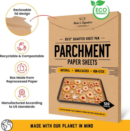 Quarter Sheet Pans 8x12 Inch Pack of 120 Parchment Paper Baking Sheets by Baker’s Signature | Precut Silicone Coated & Unbleached – Will Not Curl or Burn – Non-Toxic & Comes in Convenient Packaging