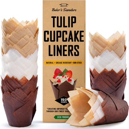 Tulip Cupcake Liners, Muffin Liners for Baking by Baker’s Signature – 150pcs of Parchment Paper Cups Cupcake Wrappers – Perfect Size, Sturdy, Greaseproof & Easy to Use – Beige White Brown