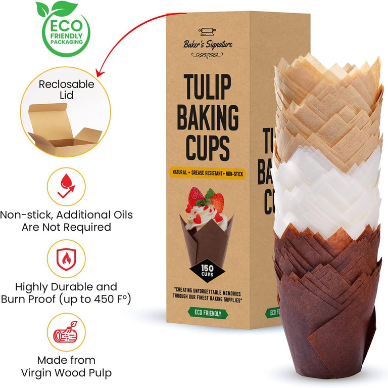 Tulip Cupcake Liners, Muffin Liners for Baking by Baker’s Signature – 150pcs of Parchment Paper Cups Cupcake Wrappers – Perfect Size, Sturdy, Greaseproof & Easy to Use – Beige White Brown