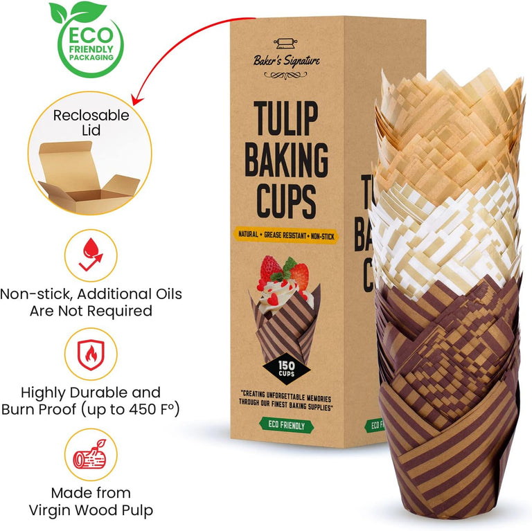 Tulip Baking Cups - Striped Tulip Baking Paper Cupcake & Muffin Liners Pack of 150 | Grease resistant Wrappers by Baker’s Signature – Will Not Curl or Burn – Non-Toxic & Comes in Convenient Packaging