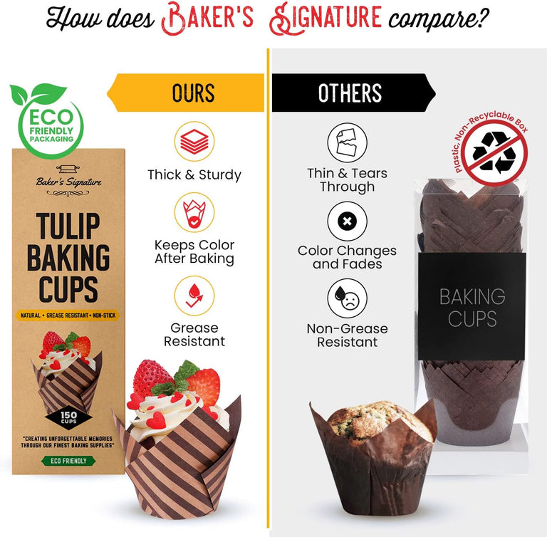 Tulip Baking Cups - Striped Tulip Baking Paper Cupcake & Muffin Liners Pack of 150 | Grease resistant Wrappers by Baker’s Signature – Will Not Curl or Burn – Non-Toxic & Comes in Convenient Packaging