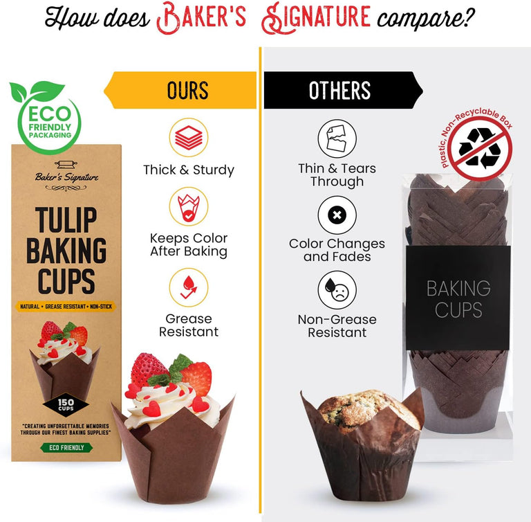 Tulip Cupcake Liners, Muffin Liners for Baking by Baker’s Signature – 150pcs of Parchment Paper Cups Cupcake Wrappers – Perfect Size, Sturdy, Greaseproof & Easy to Use – Beige White Brown