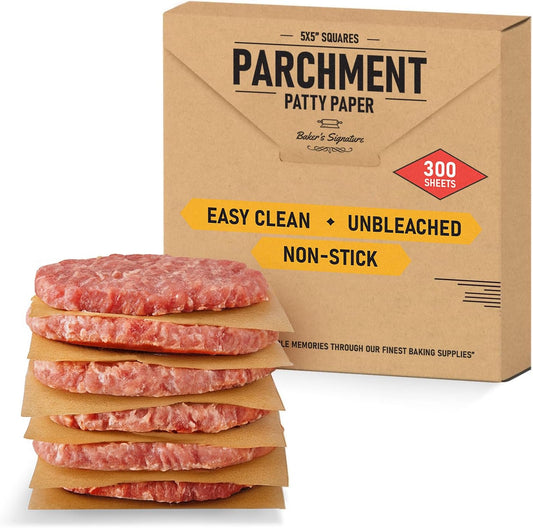 Hamburger Patty Paper Squares 5"x5", 300Pcs Parchment Paper Sheets | Silicone Coated & Unbleached – Pastry Paper Ideal for Baking, Wrapping, Freezing, Non-Toxic Oven Friendly by Baker’s Signature