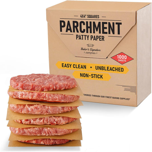 Hamburger Patty Paper Squares 4"x4", 1000Pcs Parchment Paper Sheets | Silicone Coated & Unbleached – Ideal for Baking, Wrapping, Freezing, Cookies, Non-Toxic Oven Friendly by Baker’s Signature