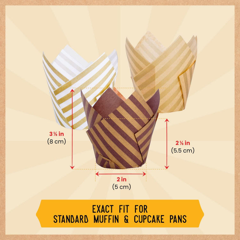 Tulip Baking Cups - Striped Tulip Baking Paper Cupcake & Muffin Liners Pack of 150 | Grease resistant Wrappers by Baker’s Signature – Will Not Curl or Burn – Non-Toxic & Comes in Convenient Packaging