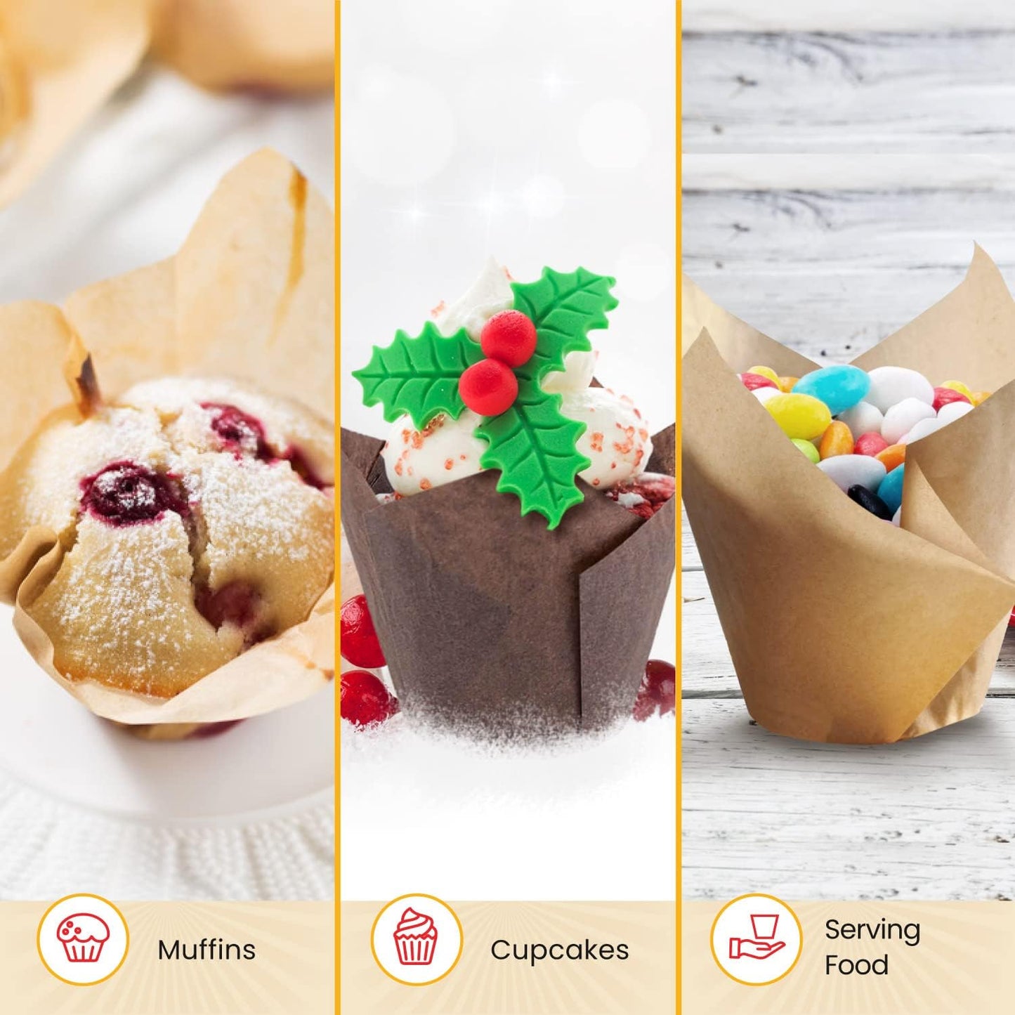 Tulip Baking Cups - Striped Tulip Baking Paper Cupcake & Muffin Liners Pack of 150 | Grease resistant Wrappers by Baker’s Signature – Will Not Curl or Burn – Non-Toxic & Comes in Convenient Packaging