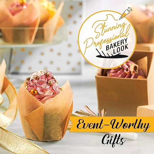 Tulip Cupcake Liners, Muffin Liners for Baking by Baker’s Signature – 150pcs of Parchment Paper Cups Cupcake Wrappers – Perfect Size, Sturdy, Greaseproof & Easy to Use – Natural Brown