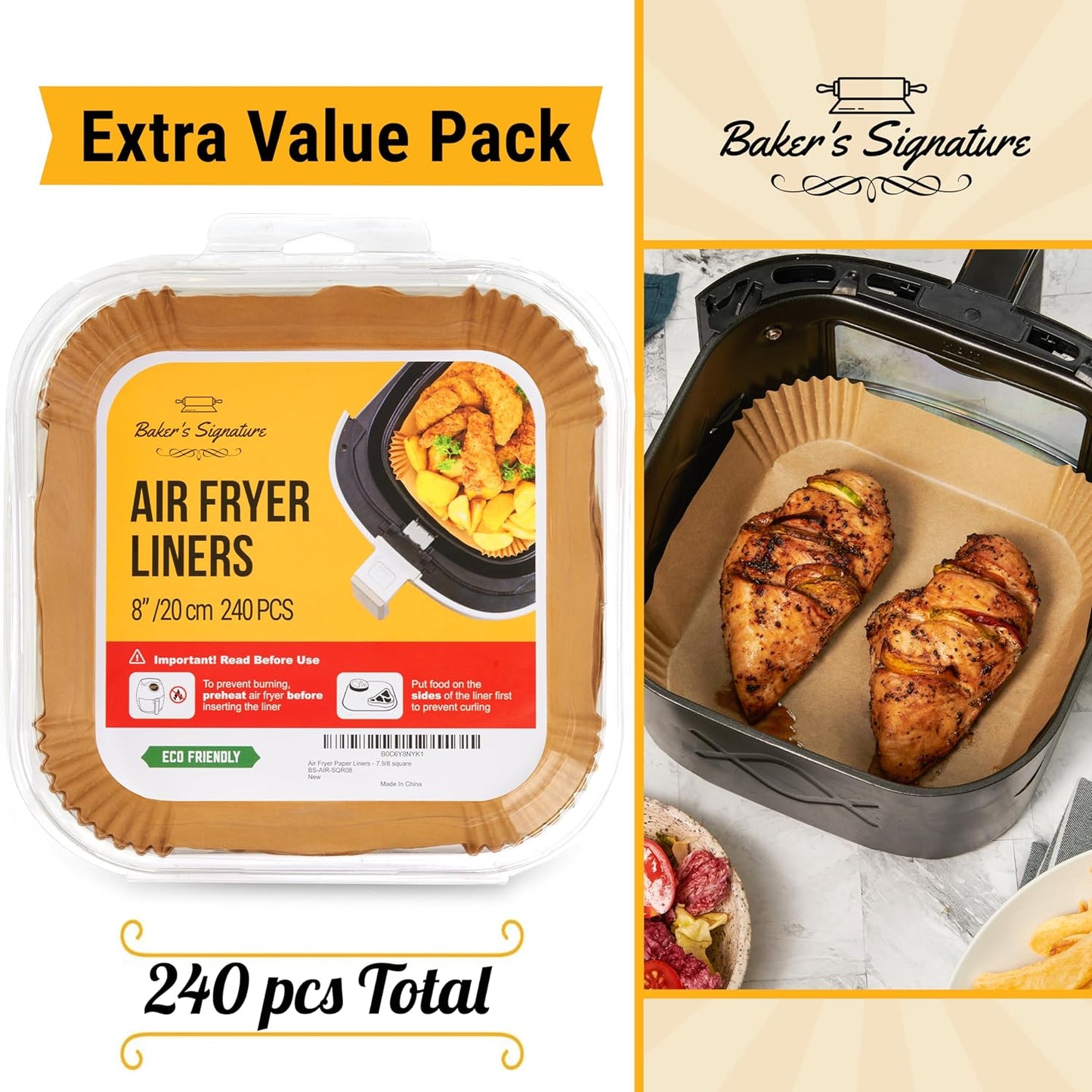 240 pcs Air Fryer Liners, Disposable Airfryer Paper Liners – Non-Stick and Oil Proof for Easy Cleanup, Great for Oven, Pans & Baking – 8” Square for 5-8 qt Basket by Baker's Signature