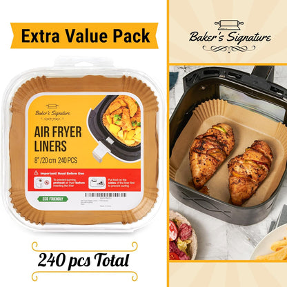 240 pcs Air Fryer Liners, Disposable Airfryer Paper Liners – Non-Stick and Oil Proof for Easy Cleanup, Great for Oven, Pans & Baking – 8” Square for 5-8 qt Basket by Baker's Signature