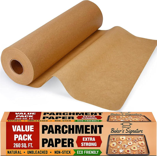 Unbleached Food Grade Parchment Paper Roll Baking Paper by Baker’s Signature | Silicone Coated & Unbleached – Will not Soak Through or Burn – Non-Toxic & Comes in Convenient Packaging