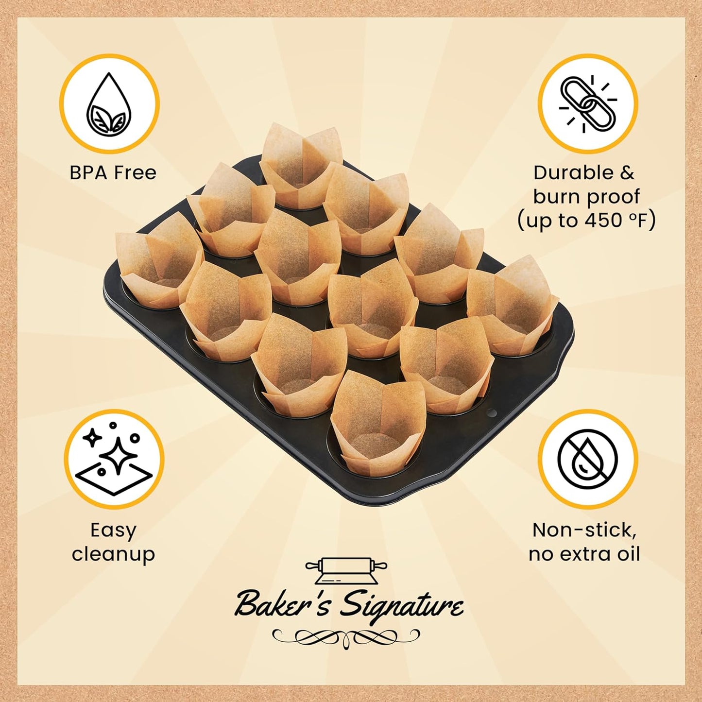 Tulip Cupcake Liners, Muffin Liners for Baking by Baker’s Signature – 150pcs of Parchment Paper Cups Cupcake Wrappers – Perfect Size, Sturdy, Greaseproof & Easy to Use – Natural Brown