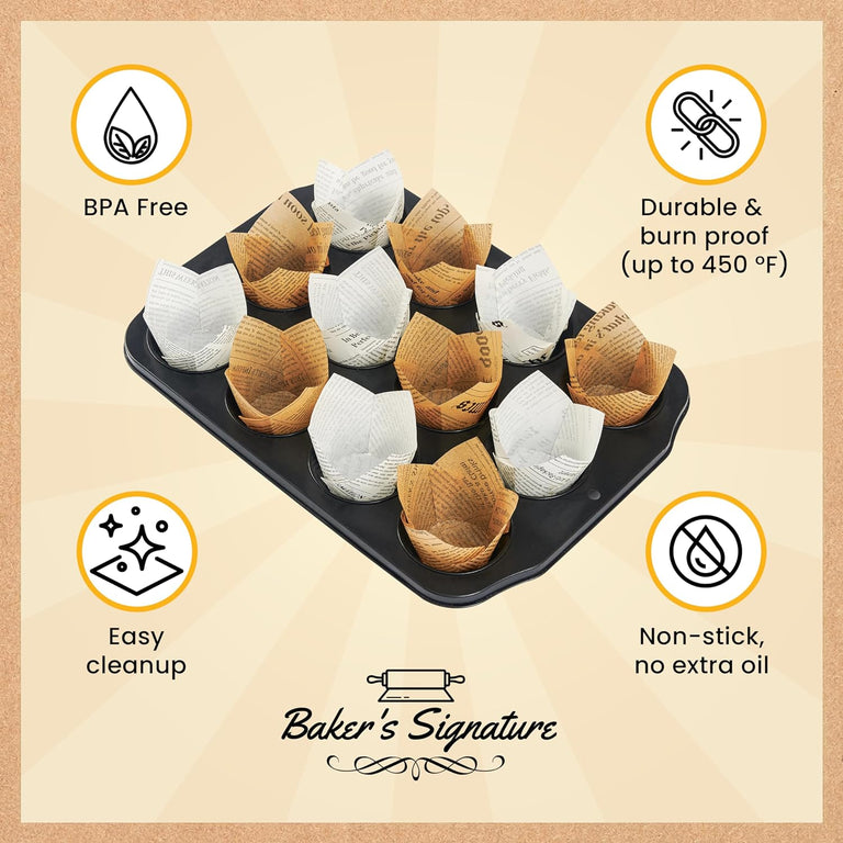 Tulip Cupcake Liners, Muffin Liners for Baking by Baker’s Signature – 150pcs of Parchment Paper Cups Cupcake Wrappers – Perfect Size, Sturdy, Greaseproof & Easy to Use – Beige White Brown