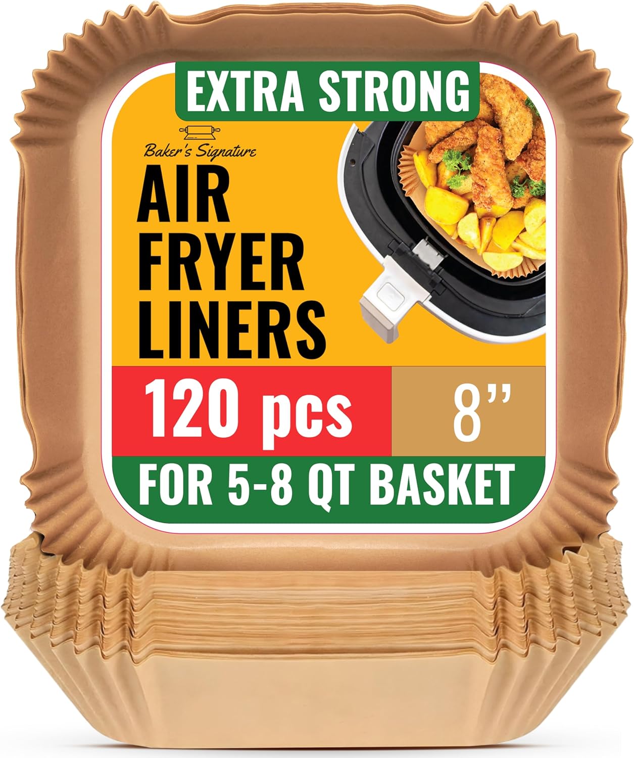 Air Fryer Paper Liners, 120Pcs Air Fryer Disposable Liners, Non-Stick and Oil Proof for Easy Cleanup, 8” Square for 5-8 qt Basket by Baker's Signature