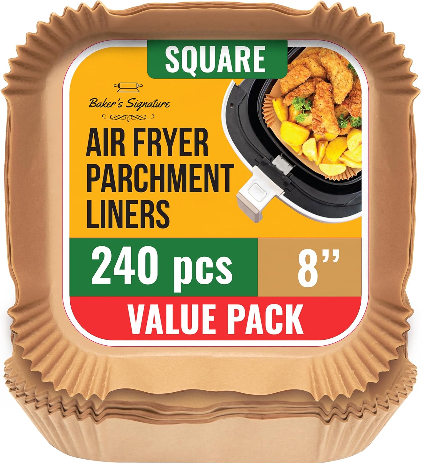 240 pcs Air Fryer Liners, Disposable Airfryer Paper Liners – Non-Stick and Oil Proof for Easy Cleanup, Great for Oven, Pans & Baking – 8” Square for 5-8 qt Basket by Baker's Signature