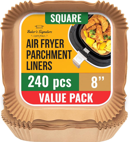 240 pcs Air Fryer Liners, Disposable Airfryer Paper Liners – Non-Stick and Oil Proof for Easy Cleanup, Great for Oven, Pans & Baking – 8” Square for 5-8 qt Basket by Baker's Signature