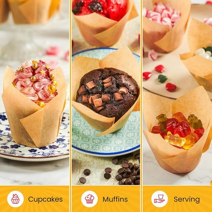 Tulip Cupcake Liners, Muffin Liners for Baking by Baker’s Signature – 150pcs of Parchment Paper Cups Cupcake Wrappers – Perfect Size, Sturdy, Greaseproof & Easy to Use – Natural Brown