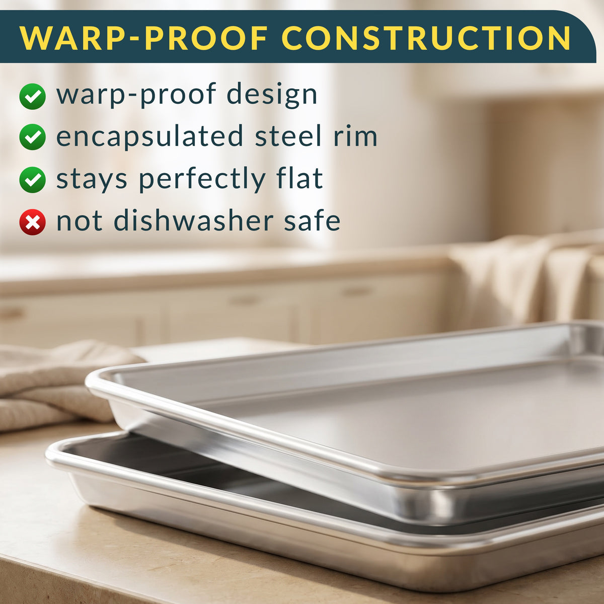 Aluminum Cookie Sheets for Baking Set of 2, 13x9" Quarter Sheet Pans Anti-warp with reinforced steel rim; even-heat, rust-resistant & easy to clean; food-grade, oven-safe
