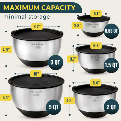 Stainless Steel Mixing Bowls with Lids Set of 5, 3 Graters, Black Nesting Design with Airtight Covers & Non-Slip Base – Mirror Finish for Food Prep, Storage, Baking & Serving