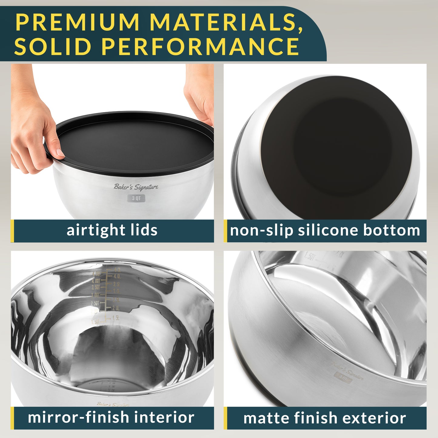 Stainless Steel Mixing Bowls with Lids Set of 5, 3 Graters, Black Nesting Design with Airtight Covers & Non-Slip Base – Mirror Finish for Food Prep, Storage, Baking & Serving
