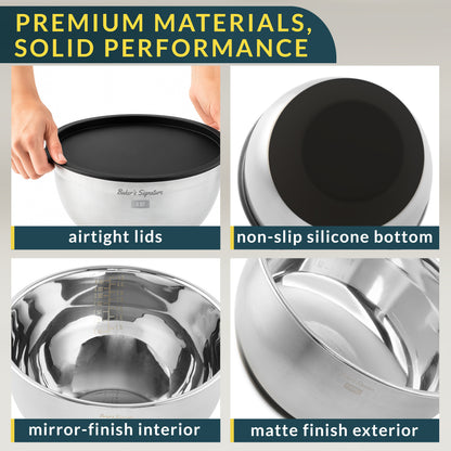 Stainless Steel Mixing Bowls with Lids Set of 5, 3 Graters, Black Nesting Design with Airtight Covers & Non-Slip Base – Mirror Finish for Food Prep, Storage, Baking & Serving