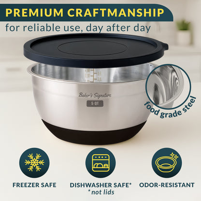 Stainless Steel Mixing Bowls with Lids Set of 5, 3 Graters, Black Nesting Design with Airtight Covers & Non-Slip Base – Mirror Finish for Food Prep, Storage, Baking & Serving