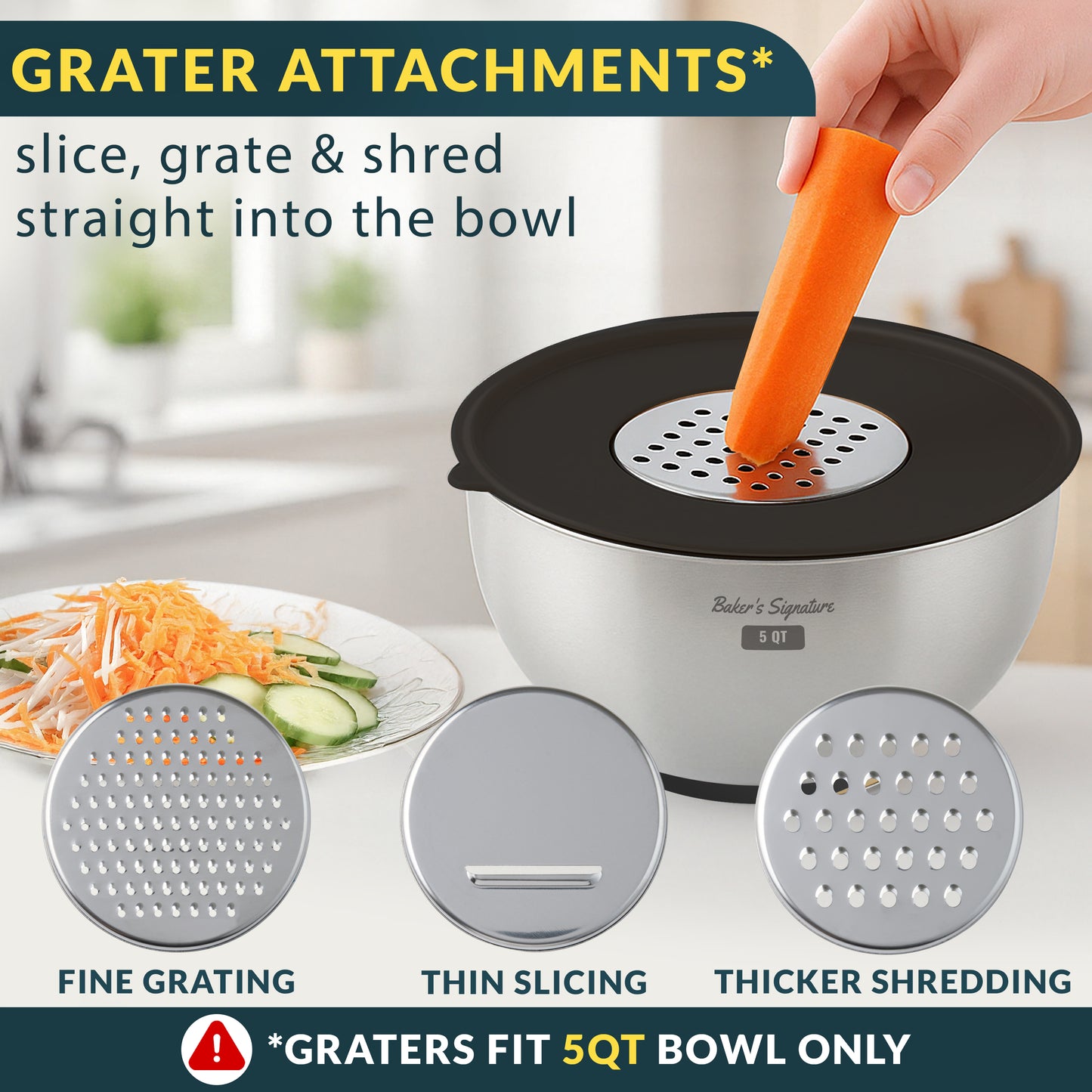 Stainless Steel Mixing Bowls with Lids Set of 5, 3 Graters, Black Nesting Design with Airtight Covers & Non-Slip Base – Mirror Finish for Food Prep, Storage, Baking & Serving