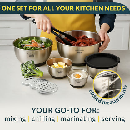 Stainless Steel Mixing Bowls with Lids Set of 5, 3 Graters, Black Nesting Design with Airtight Covers & Non-Slip Base – Mirror Finish for Food Prep, Storage, Baking & Serving