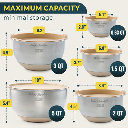 Baker's Signature Stainless Steel Mixing Bowls with Lids Set, 5 Sizes 3 Graters, Non-Slip Base, Airtight Metal for Kitchen, Food Prep, Storage, 0.63QT-5QT, Khaki