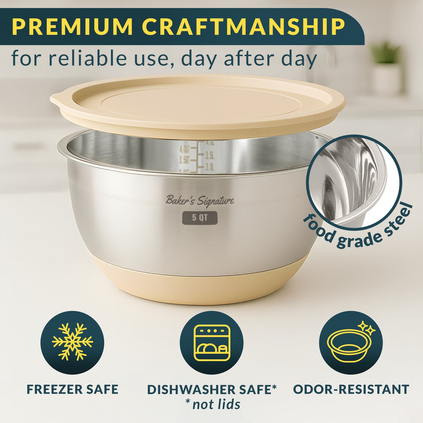 Baker's Signature Stainless Steel Mixing Bowls with Lids Set, 5 Sizes 3 Graters, Non-Slip Base, Airtight Metal for Kitchen, Food Prep, Storage, 0.63QT-5QT, Khaki