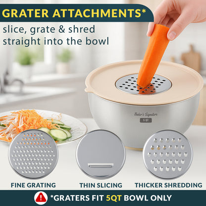Baker's Signature Stainless Steel Mixing Bowls with Lids Set, 5 Sizes 3 Graters, Non-Slip Base, Airtight Metal for Kitchen, Food Prep, Storage, 0.63QT-5QT, Khaki