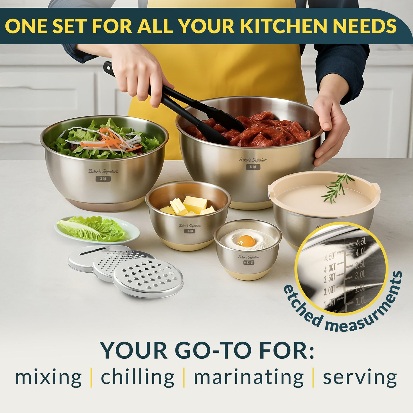 Baker's Signature Stainless Steel Mixing Bowls with Lids Set, 5 Sizes 3 Graters, Non-Slip Base, Airtight Metal for Kitchen, Food Prep, Storage, 0.63QT-5QT, Khaki
