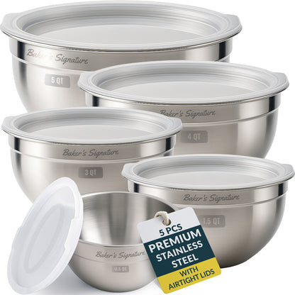 Stainless Steel Mixing Bowls with Lids Set of 5, Nesting Metal, 0.5-5 Qt Mirror-finish interior, dishwasher safe & BPA-free; stack for food prep, cooking, storage & serving