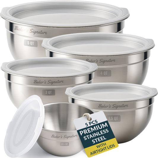 Stainless Steel Mixing Bowls with Lids Set of 5, Nesting Metal, 0.5-5 Qt Mirror-finish interior, dishwasher safe & BPA-free; stack for food prep, cooking, storage & serving
