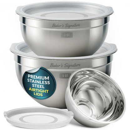 Stainless Steel Mixing Bowls with Lids Set of 3, Nesting Metal, 1.5/3/5 Qt Mirror-finish interior, dishwasher safe & BPA-free; stack for food prep, baking, storage & serving