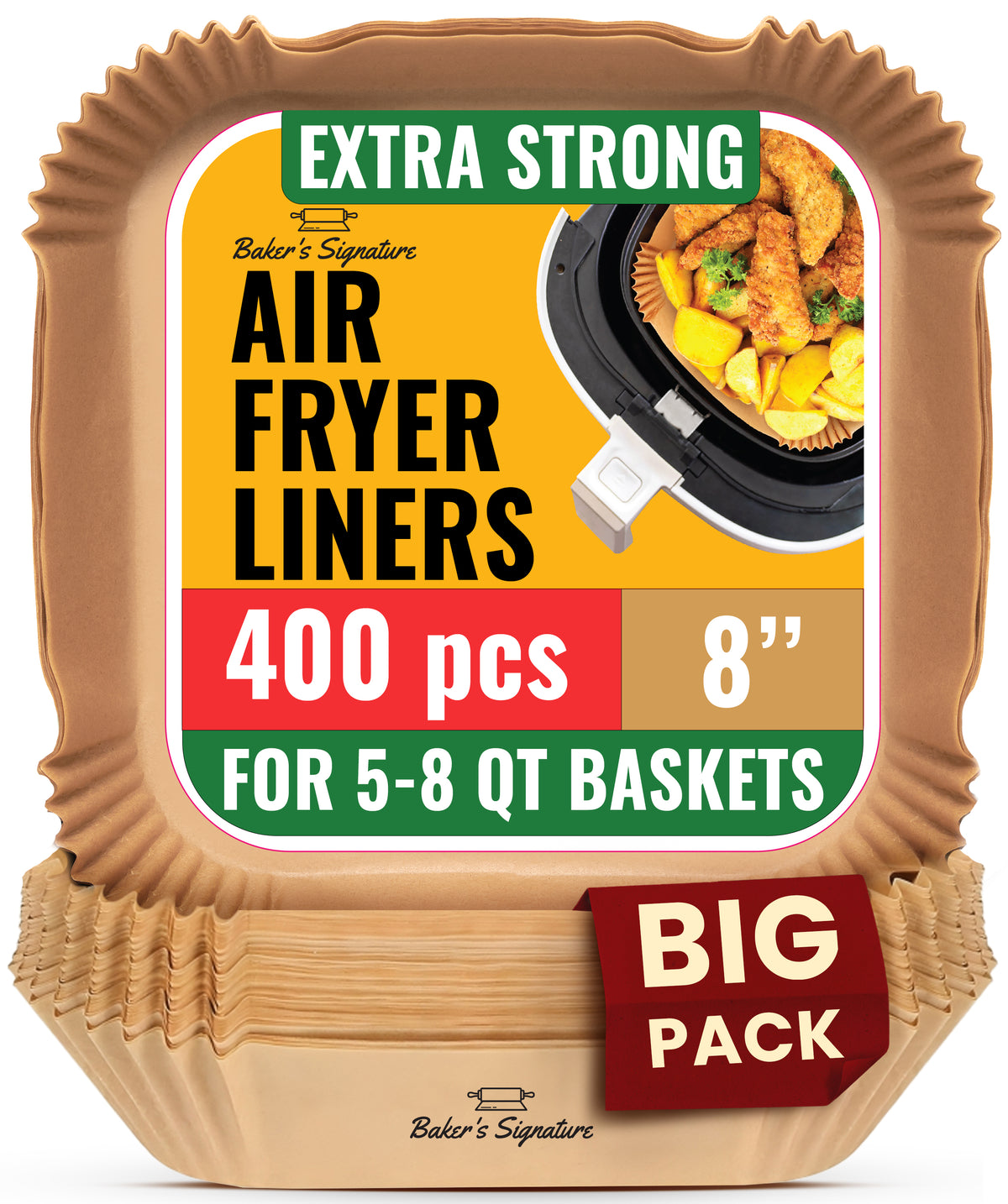 Air Fryer Liners Disposable, 400 Pcs 8" Square for 5-8 qt Basket Oil-proof grease guard for 5-8 qt basket, no scrubbing or residue; oven and microwave safe, food grade, 400 count