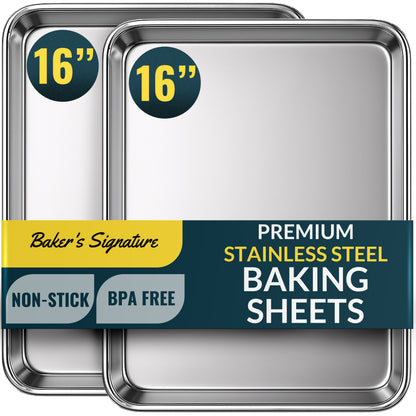 Stainless Steel Cookie Sheet Set of 2, 16" Baking Sheet Pans, Non-Stick Mirror finish & rust-resistant; BPA-free and dishwasher safe; ideal for everyday oven roasting