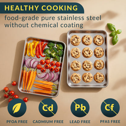 Stainless Steel Cookie Sheet Set of 2, 16" Baking Sheet Pans, Non-Stick Mirror finish & rust-resistant; BPA-free and dishwasher safe; ideal for everyday oven roasting