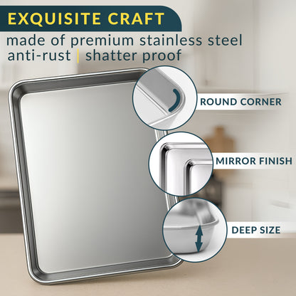 Stainless Steel Cookie Sheet Set of 2, 12" Quarter Baking Sheet Pans Mirror finish & rust-resistant; BPA-free and dishwasher safe; ideal for everyday oven roasting