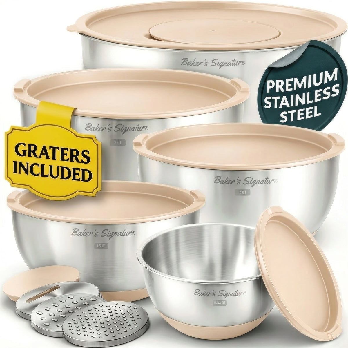 Baker's Signature Stainless Steel Mixing Bowls with Lids Set, 5 Sizes 3 Graters, Non-Slip Base, Airtight Metal for Kitchen, Food Prep, Storage, 0.63QT-5QT, Khaki