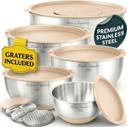 Baker's Signature Stainless Steel Mixing Bowls with Lids Set, 5 Sizes 3 Graters, Non-Slip Base, Airtight Metal for Kitchen, Food Prep, Storage, 0.63QT-5QT, Khaki