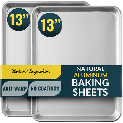 Aluminum Cookie Sheets for Baking Set of 2, 13x9" Quarter Sheet Pans Anti-warp with reinforced steel rim; even-heat, rust-resistant & easy to clean; food-grade, oven-safe