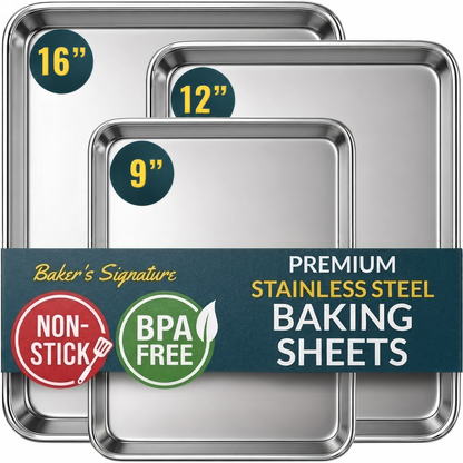 Stainless Steel Cookie Sheet Set of 3, 9/12/16" Baking Sheet Pans Baking Set of 3, Mirror Finish, Non-Stick, Rust Resistant, BPA Free, Dishwasher Safe, 9/12/16"