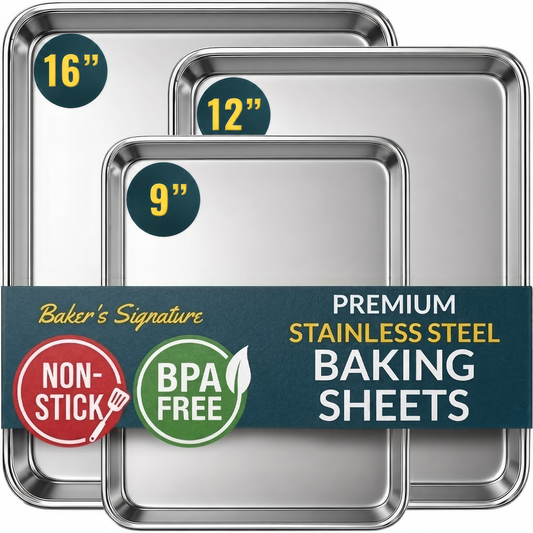 Stainless Steel Cookie Sheet Set of 3, 9/12/16" Baking Sheet Pans Baking Set of 3, Mirror Finish, Non-Stick, Rust Resistant, BPA Free, Dishwasher Safe, 9/12/16"