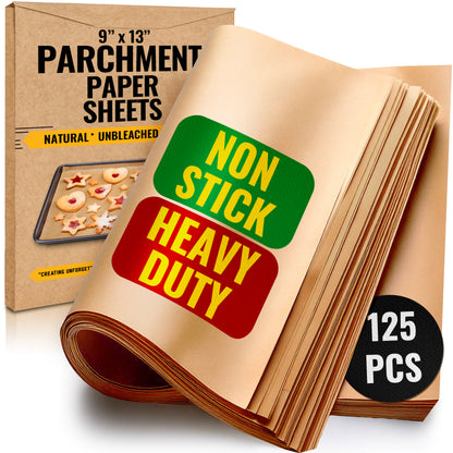 125 Pcs 9x13" Parchment Paper Sheets by Baker's Signature Baking Unbleached - Perfect for Baking, Precut Non-Stick Eco-Friendly, Will Not Curl or Burn