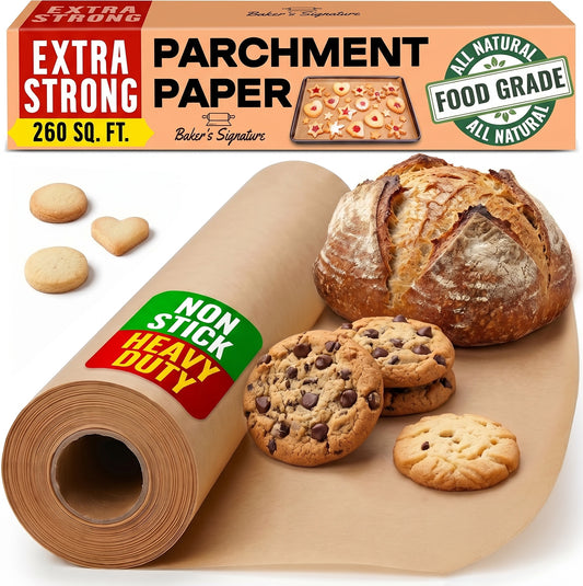 Unbleached Food Grade Parchment Paper Roll Baking Paper by Baker’s Signature | Silicone Coated & Unbleached – Will not Soak Through or Burn – Non-Toxic & Comes in Convenient Packaging