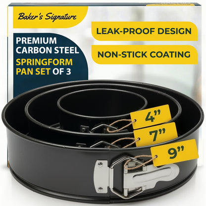 Springform Pan Set of 3, Nonstick Cheesecake Pans 4/7/9" Carbon Steel Leakproof cake molds with removable bottom & secure latch; even-heat, oven-safe to 450°F
