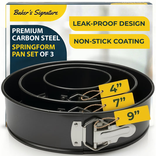 Springform Pan Set of 3, Nonstick Cheesecake Pans 4/7/9" Carbon Steel Leakproof cake molds with removable bottom & secure latch; even-heat, oven-safe to 450°F