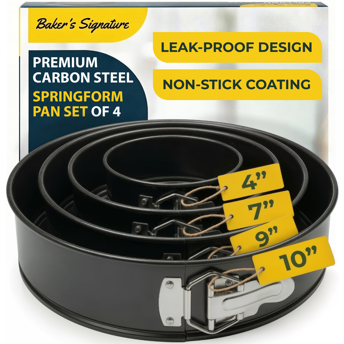 Springform Pan Set of 4, Nonstick Cheesecake Pans 4/7/9/10" Carbon Steel Leakproof cake molds with removable bottom & secure latch; even-heat design for layered desserts