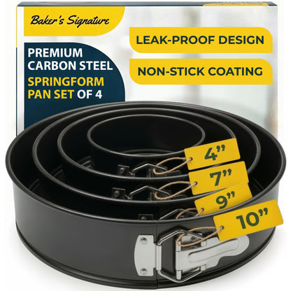 Springform Pan Set of 4, Nonstick Cheesecake Pans 4/7/9/10" Carbon Steel Leakproof cake molds with removable bottom & secure latch; even-heat design for layered desserts
