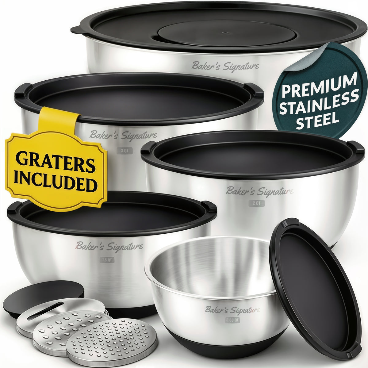 Stainless Steel Mixing Bowls with Lids Set of 5, 3 Graters, Black Nesting Design with Airtight Covers & Non-Slip Base – Mirror Finish for Food Prep, Storage, Baking & Serving